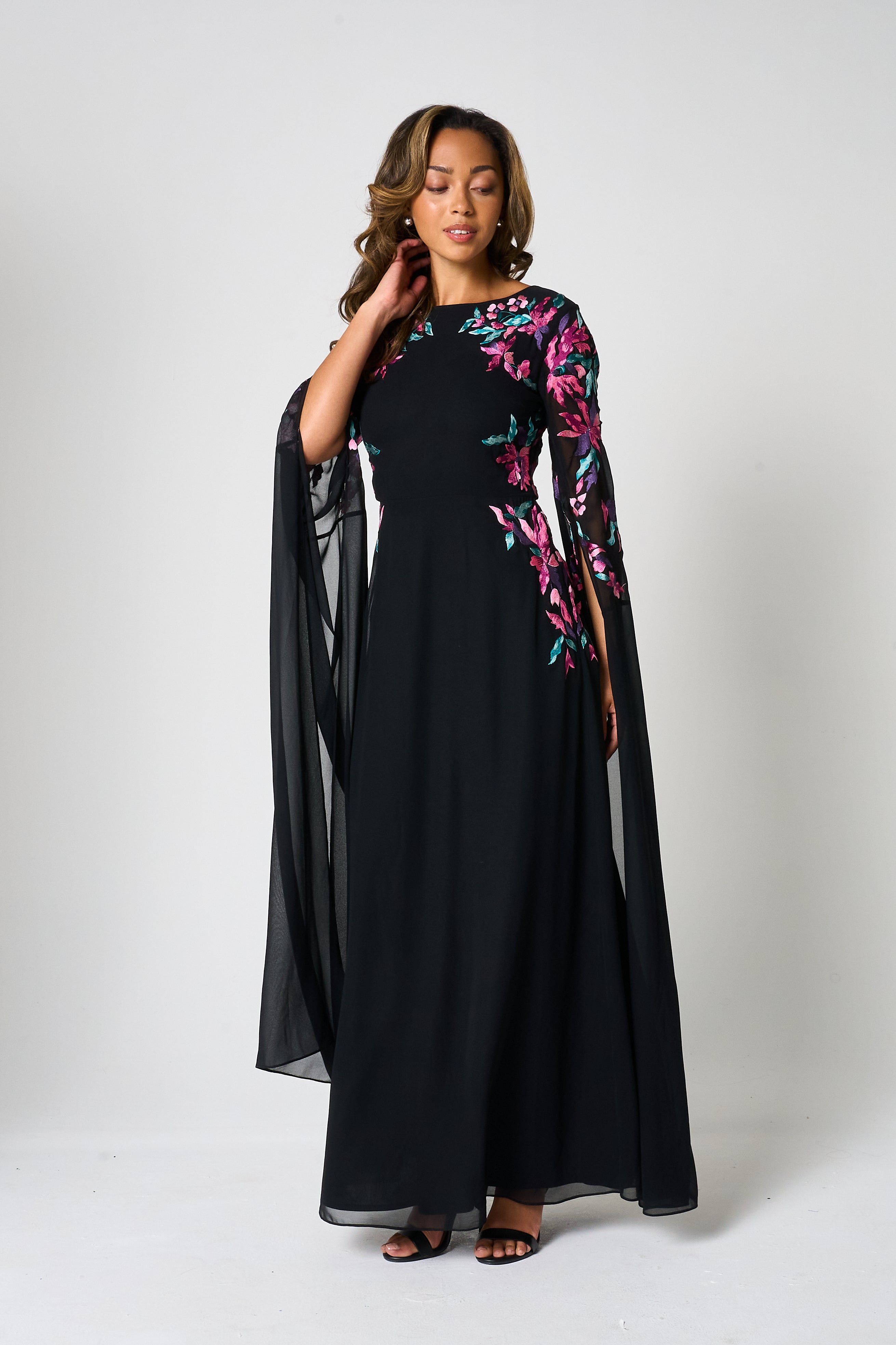 black dress with embroidered sleeves Sunburst Embroidered Black Faille Dress with Draped Cloud Sleeves