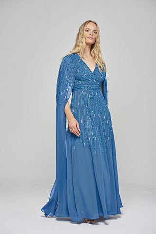 Ida Blue Embellished Maxi Dress with Cape Sleeves