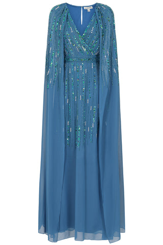 Ida Blue Embellished Maxi Dress with Cape Sleeves