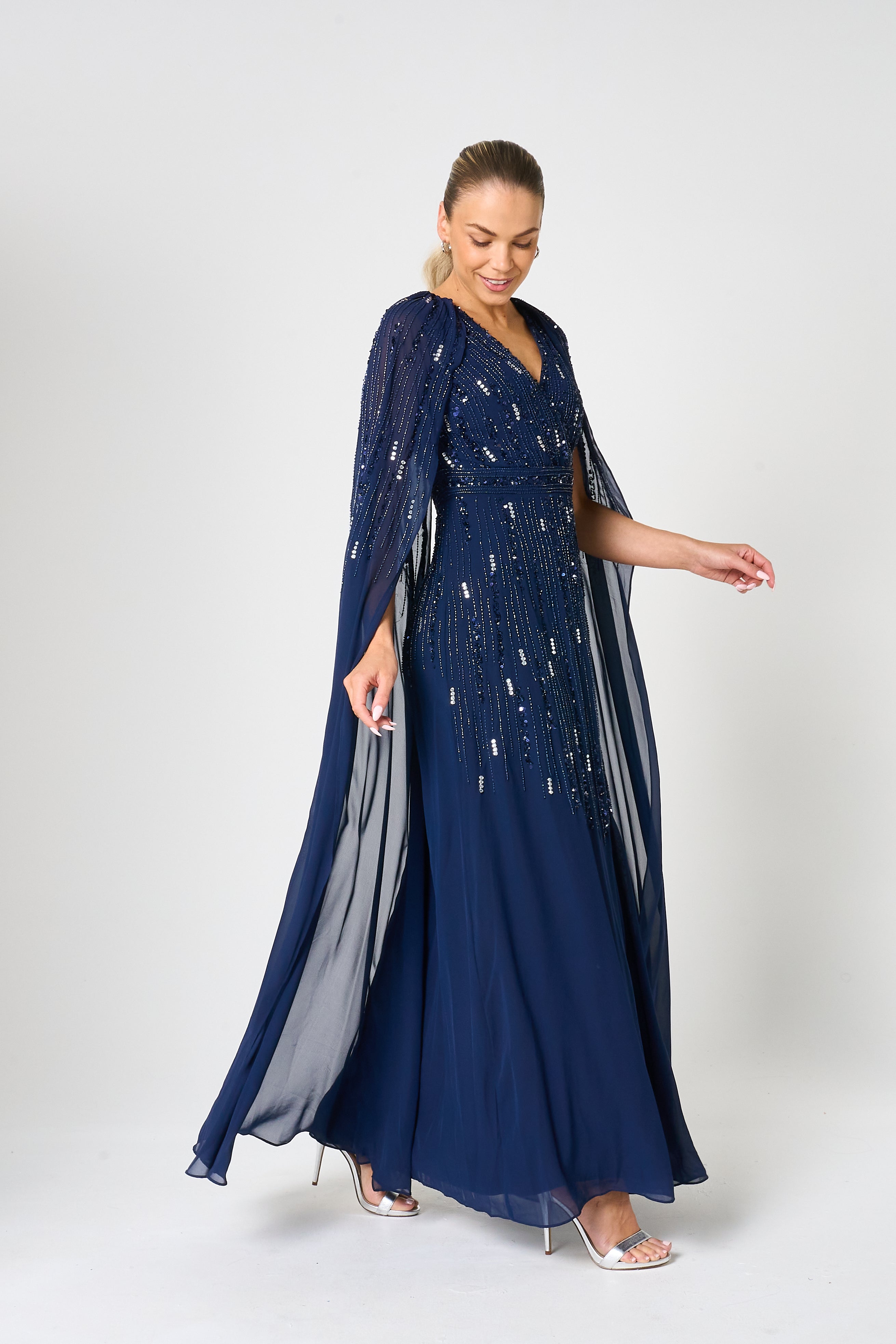 Ida Navy Embellished Maxi Dress with Cape Sleeves Frock and Frill Ida Navy Embellished Maxi Dress with Cape Sleeves Frock and Frill