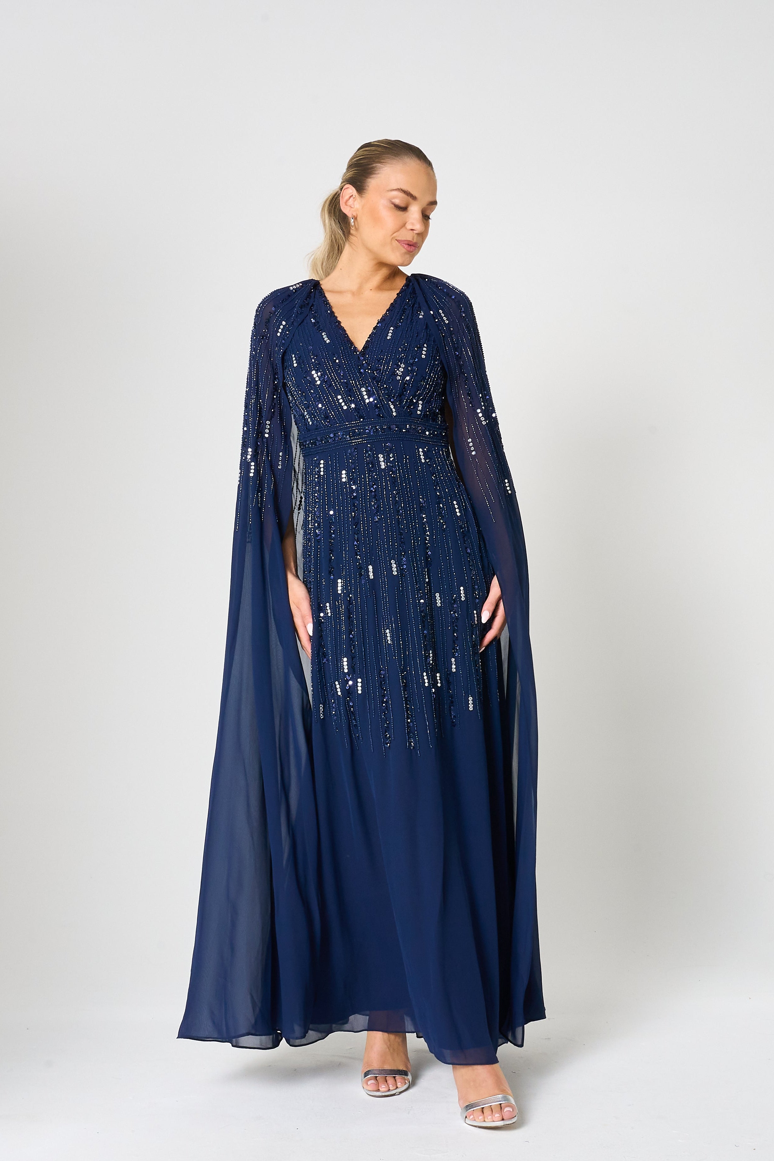 Ida Navy Embellished Maxi Dress with Cape Sleeves Frock and Frill Ida Navy Embellished Maxi Dress with Cape Sleeves Frock and Frill