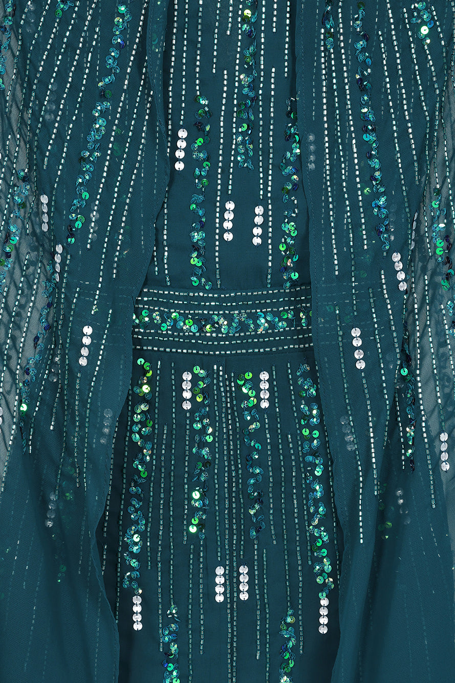 Ida Storm Green Embellished Maxi Dress with Cape Sleeves Frock and Frill Ida Storm Green Embellished Maxi Dress with Cape Sleeves Frock and Frill