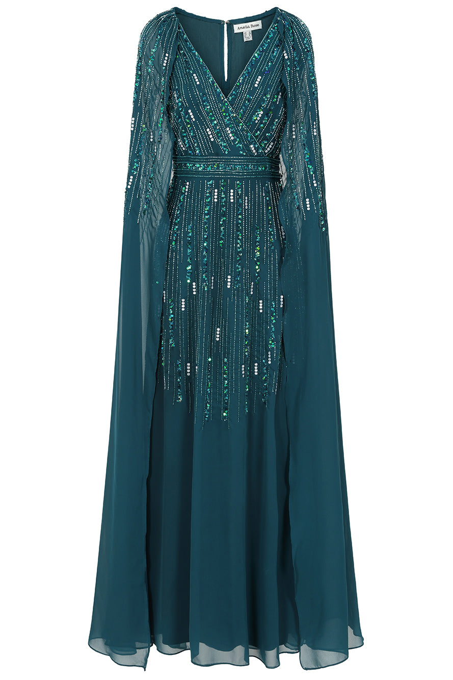 Ida Storm Green Embellished Maxi Dress with Cape Sleeves Frock and Frill Ida Storm Green Embellished Maxi Dress with Cape Sleeves Frock and Frill