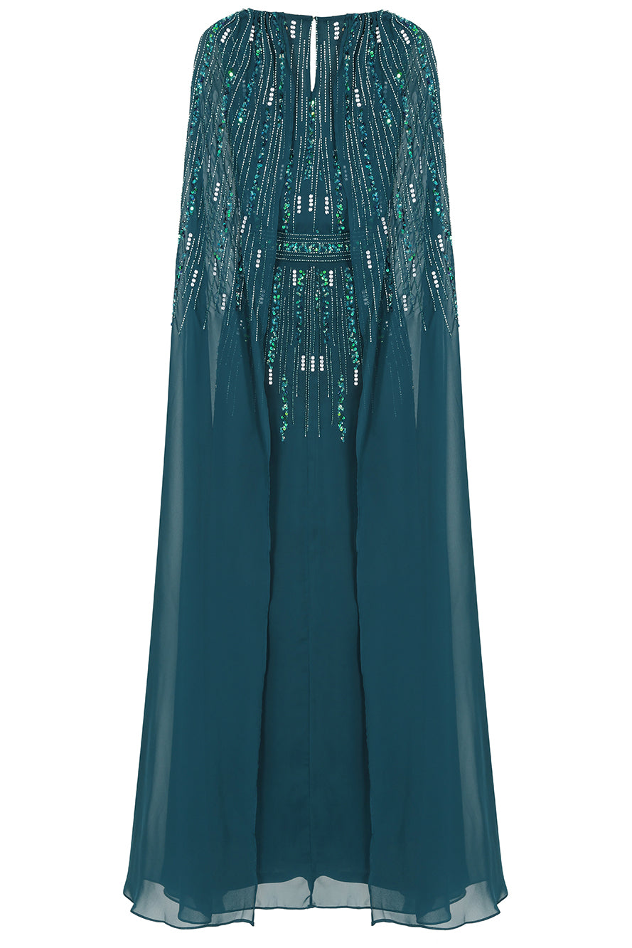 Ida Storm Green Embellished Maxi Dress with Cape Sleeves Frock and Frill Ida Storm Green Embellished Maxi Dress with Cape Sleeves Frock and Frill