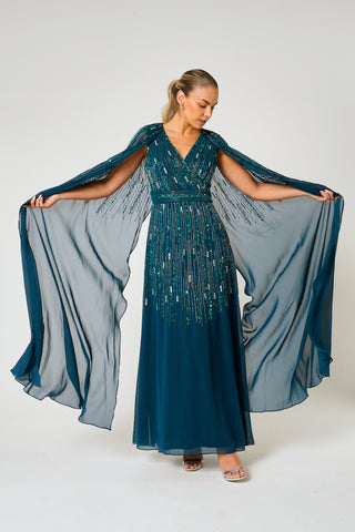 Ida Navy Embellished Maxi Dress with Cape Sleeves