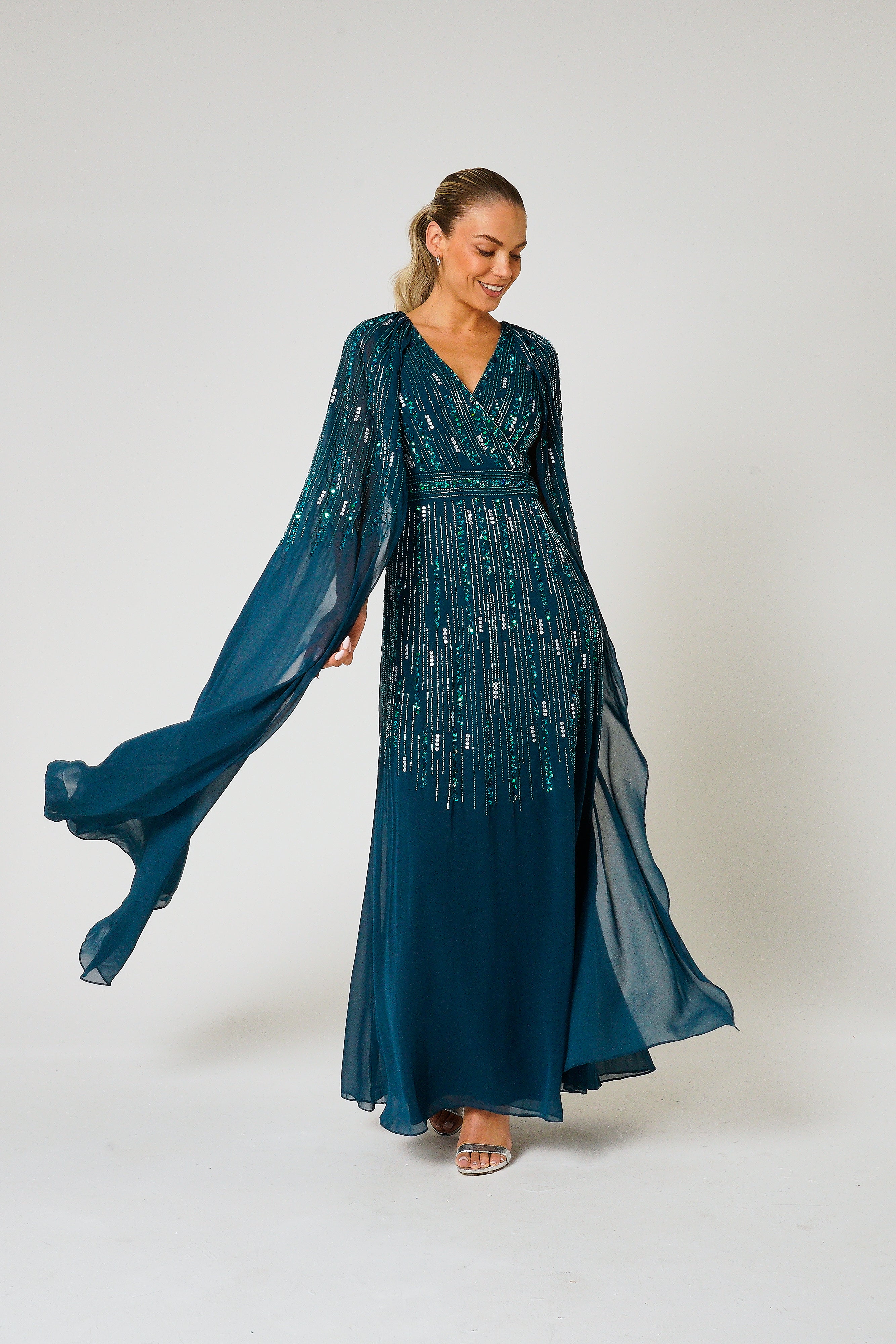 Ida Storm Green Embellished Maxi Dress with Cape Sleeves Frock and Frill Ida Storm Green Embellished Maxi Dress with Cape Sleeves Frock and Frill