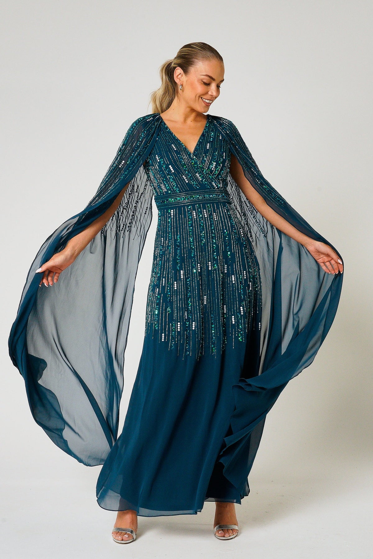 Ida Storm Green Embellished Maxi Dress with Cape Sleeves Frock and Frill Ida Storm Green Embellished Maxi Dress with Cape Sleeves Frock and Frill