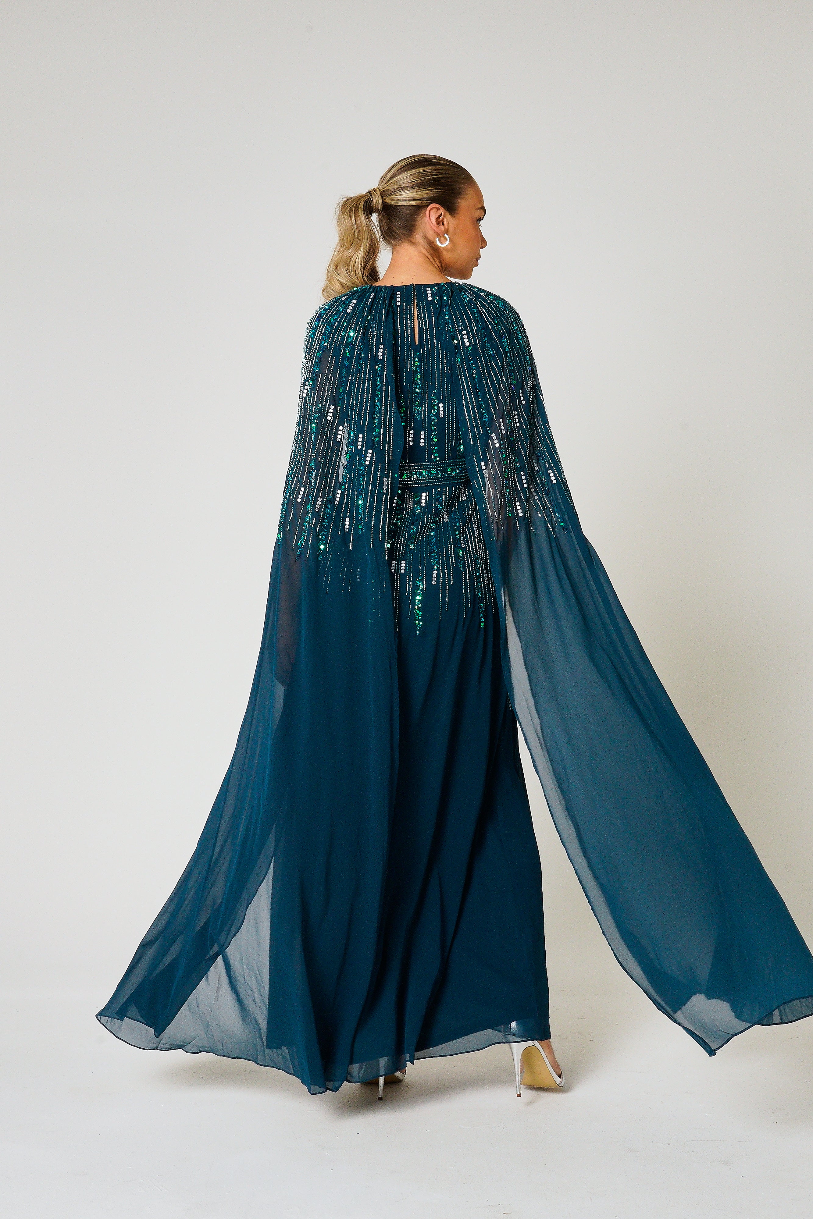 Ida Storm Green Embellished Maxi Dress with Cape Sleeves Frock and Frill Ida Storm Green Embellished Maxi Dress with Cape Sleeves Frock and Frill