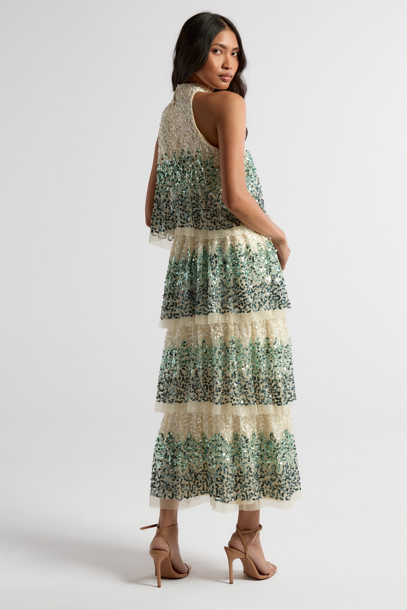 Imogen off white ombre sequin midaxi dress with halter neckline and tiered skirt, featuring delicate embellishment and flowing silhouette for occasion wear