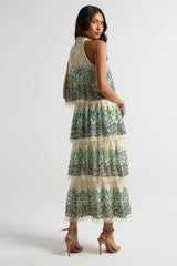 Imogen off white ombre sequin midaxi dress with halter neckline and tiered skirt, featuring delicate embellishment and flowing silhouette for occasion wear