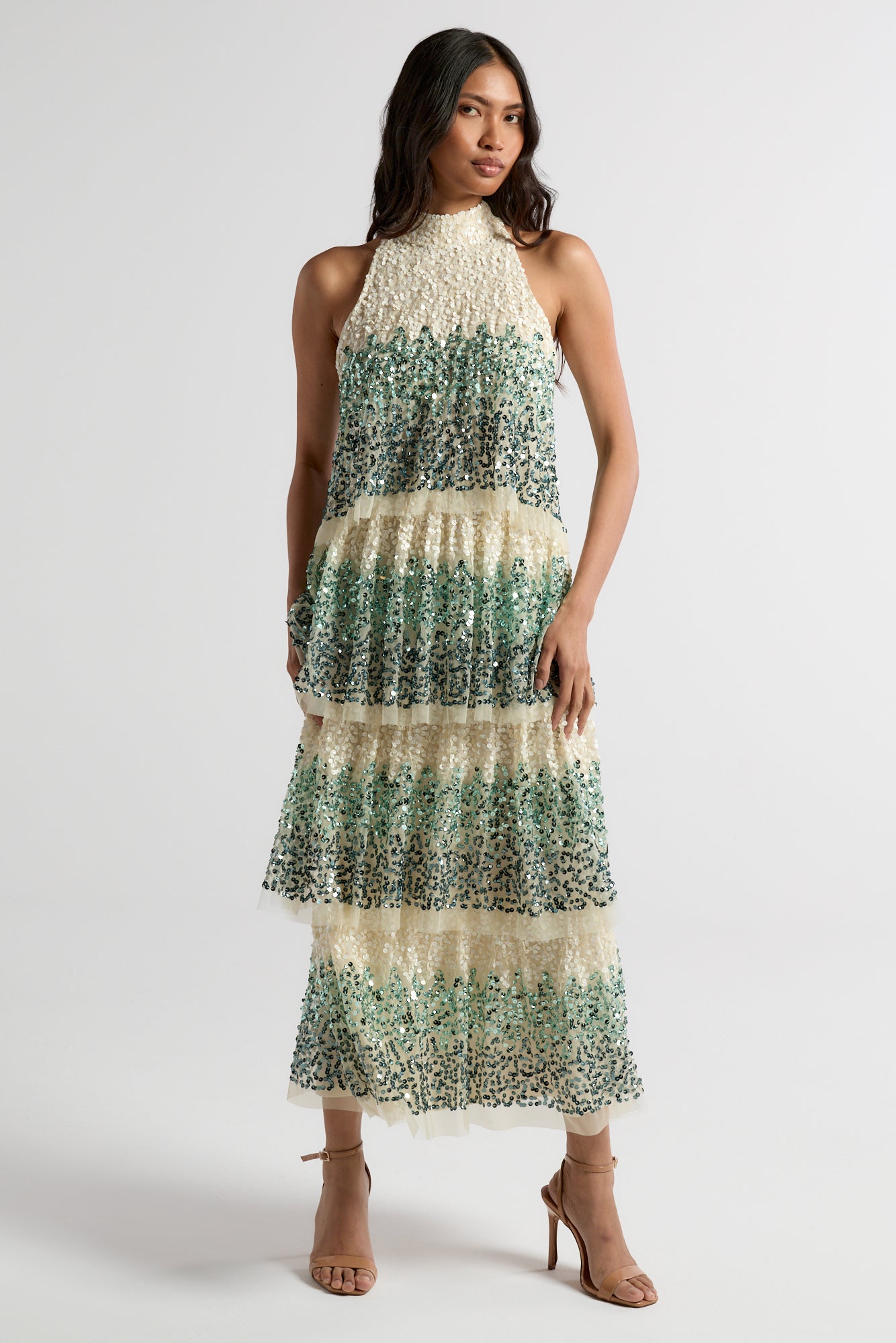 Imogen off white ombre sequin midaxi dress with halter neckline and tiered skirt, featuring delicate embellishment and flowing silhouette for occasion wear