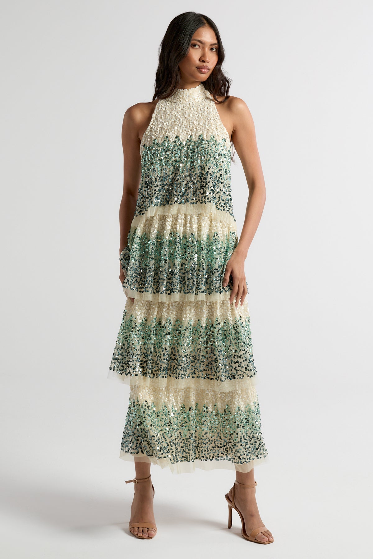 Imogen off white ombre sequin midaxi dress with halter neckline and tiered skirt, featuring delicate embellishment and flowing silhouette for occasion wear