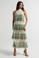 Imogen off white ombre sequin midaxi dress with halter neckline and tiered skirt, featuring delicate embellishment and flowing silhouette for occasion wear