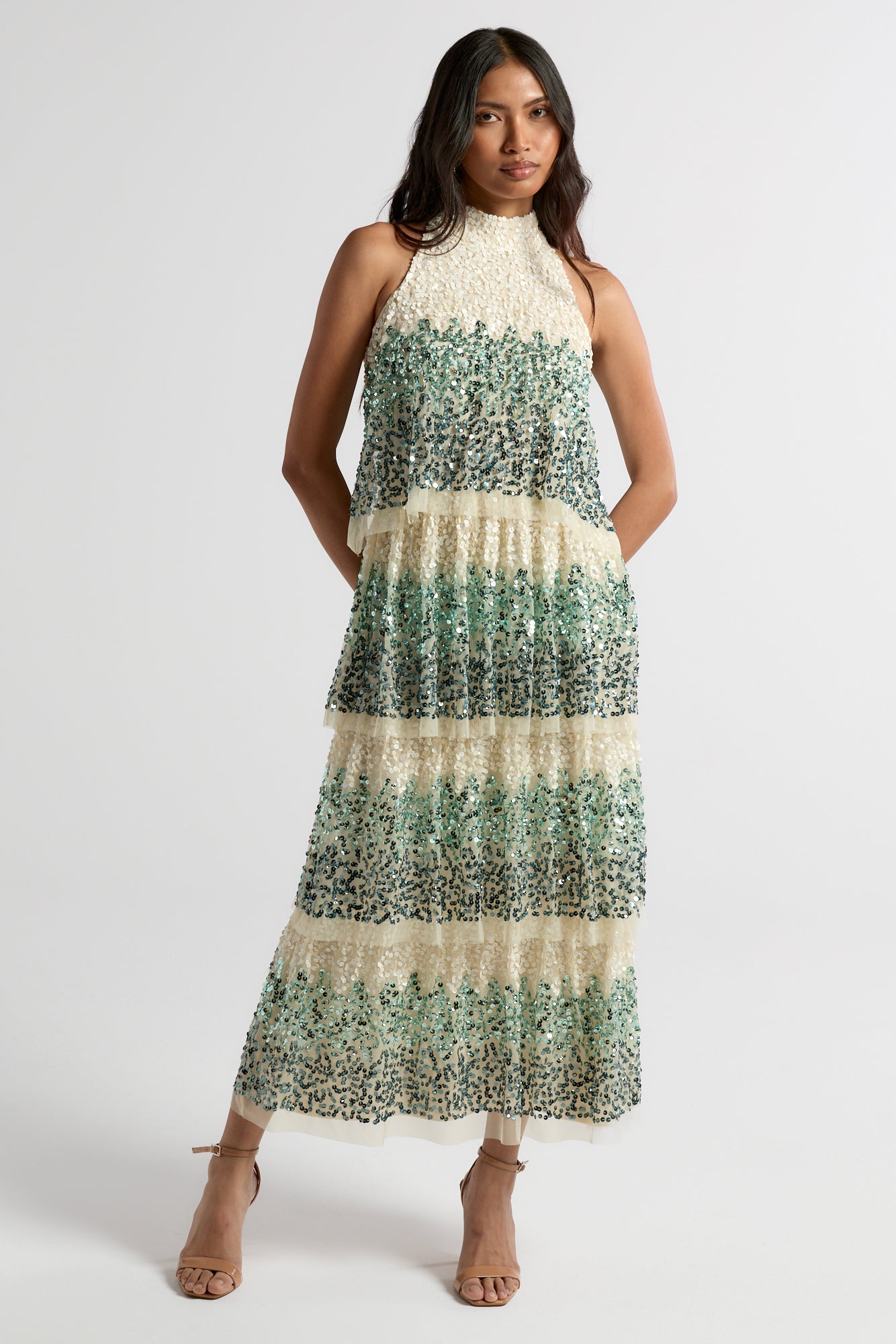 Imogen off white ombre sequin midaxi dress with halter neckline and tiered skirt, featuring delicate embellishment and flowing silhouette for occasion wear