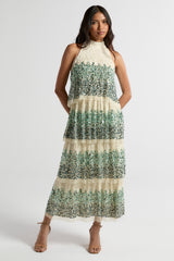 Imogen off white ombre sequin midaxi dress with halter neckline and tiered skirt, featuring delicate embellishment and flowing silhouette for occasion wear