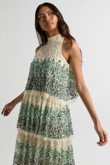 Imogen off white ombre sequin midaxi dress with halter neckline and tiered skirt, featuring delicate embellishment and flowing silhouette for occasion wear