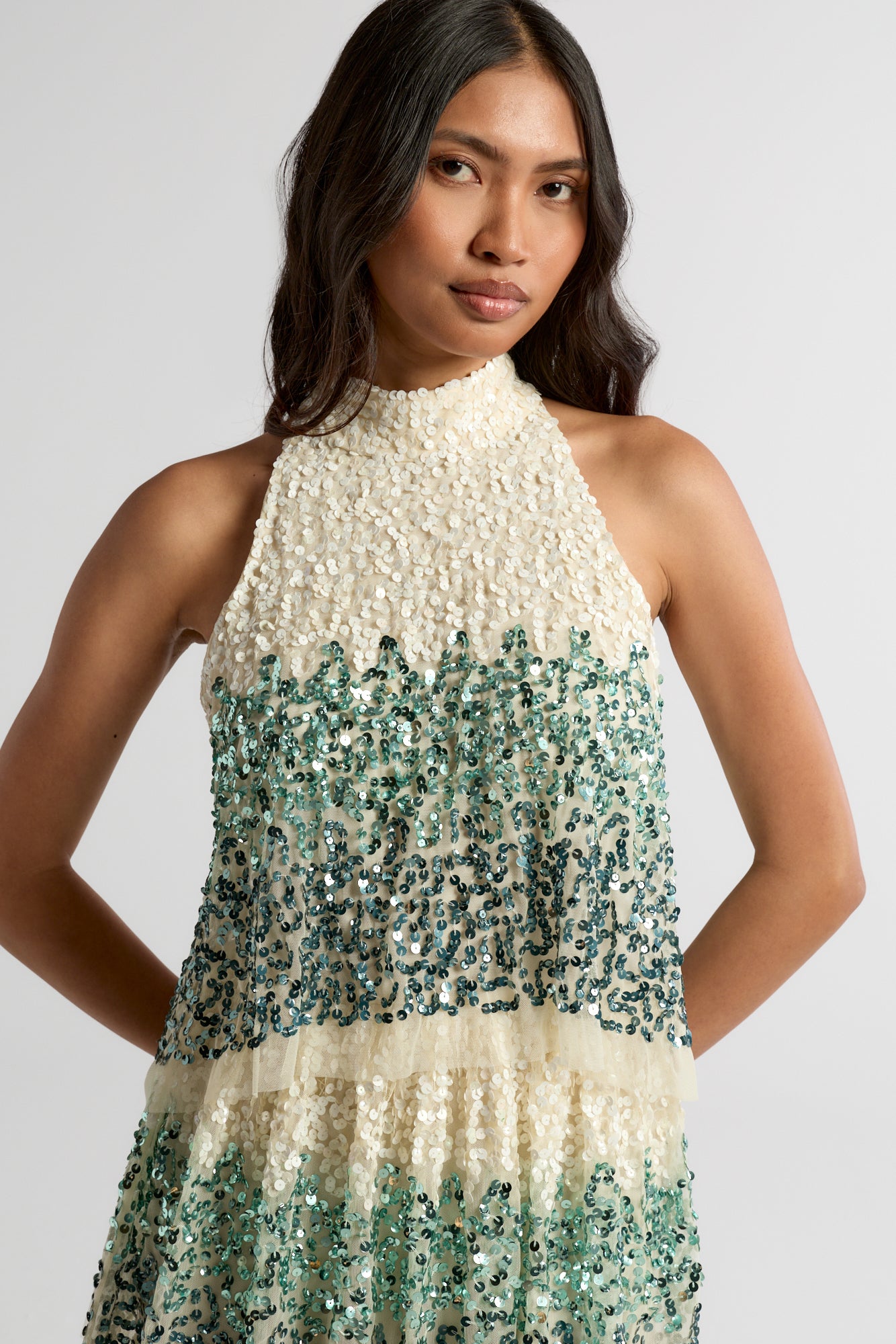 Imogen off white ombre sequin midaxi dress with halter neckline and tiered skirt, featuring delicate embellishment and flowing silhouette for occasion wear