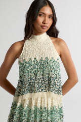 Imogen off white ombre sequin midaxi dress with halter neckline and tiered skirt, featuring delicate embellishment and flowing silhouette for occasion wear