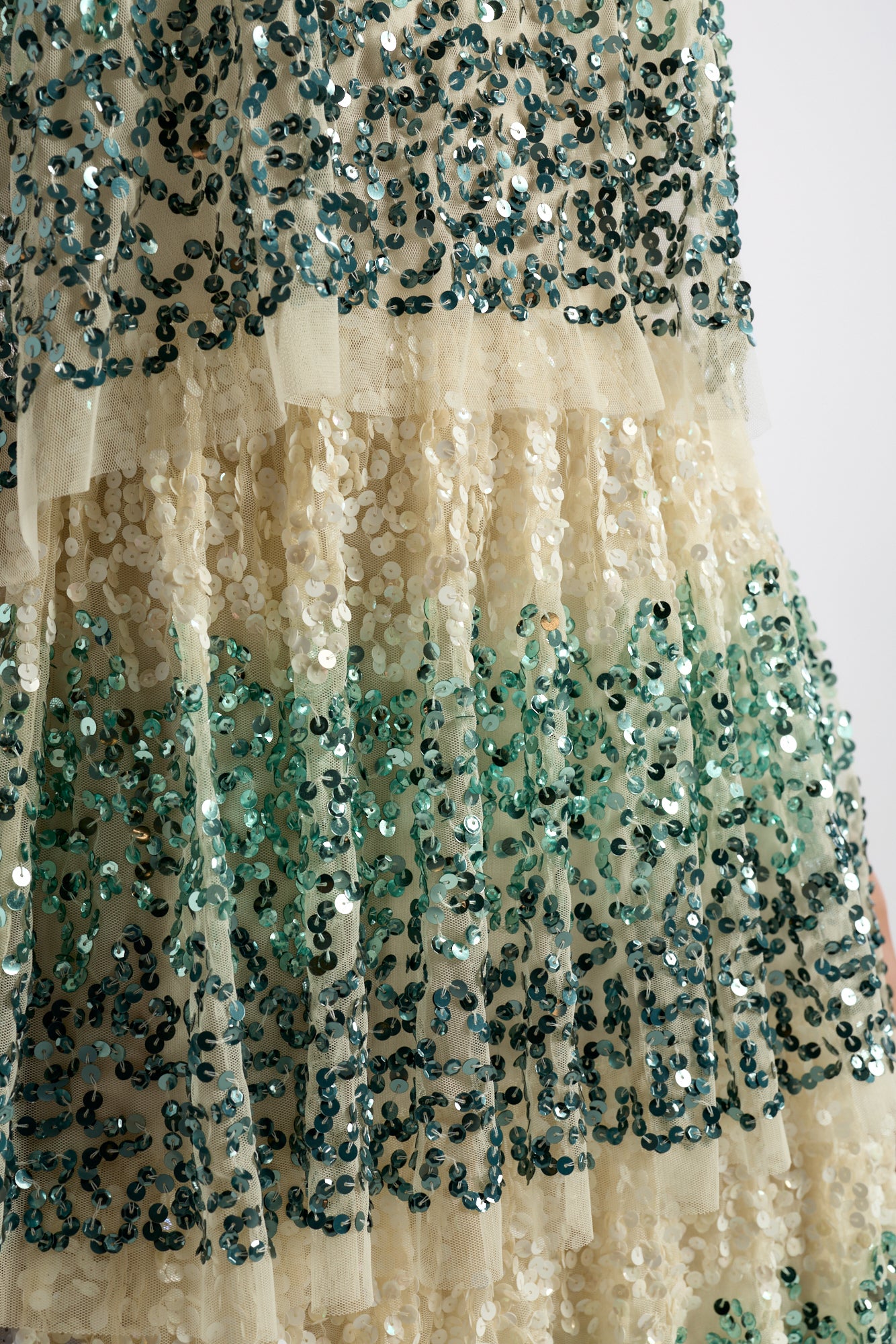 Imogen off white ombre sequin midaxi dress with halter neckline and tiered skirt, featuring delicate embellishment and flowing silhouette for occasion wear