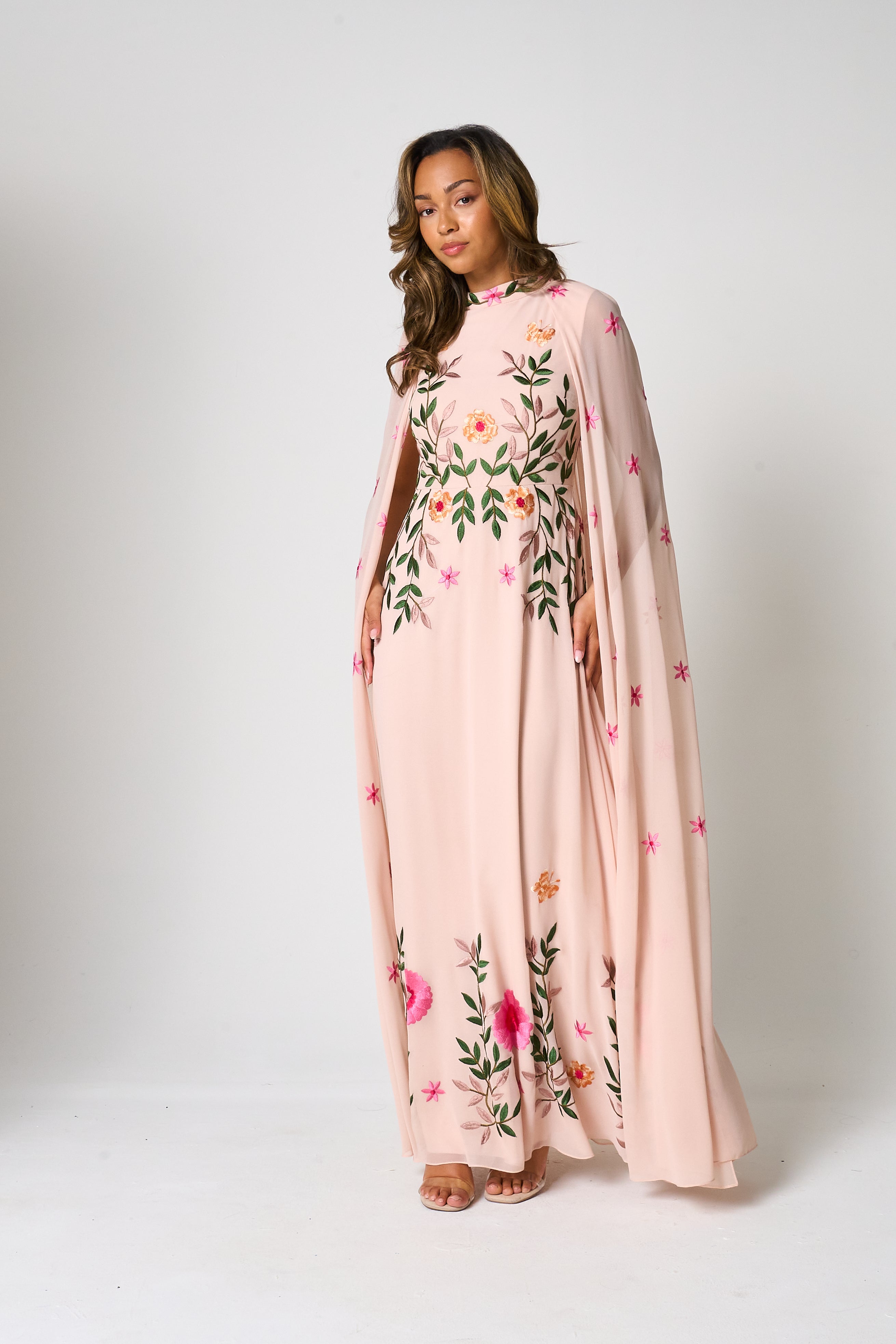 Ingrid Blush Floral Embroidered Cape Sleeve Maxi Dress Frock and Frill Ingrid Blush Floral Embroidered Cape Sleeve Maxi Dress Frock and Frill