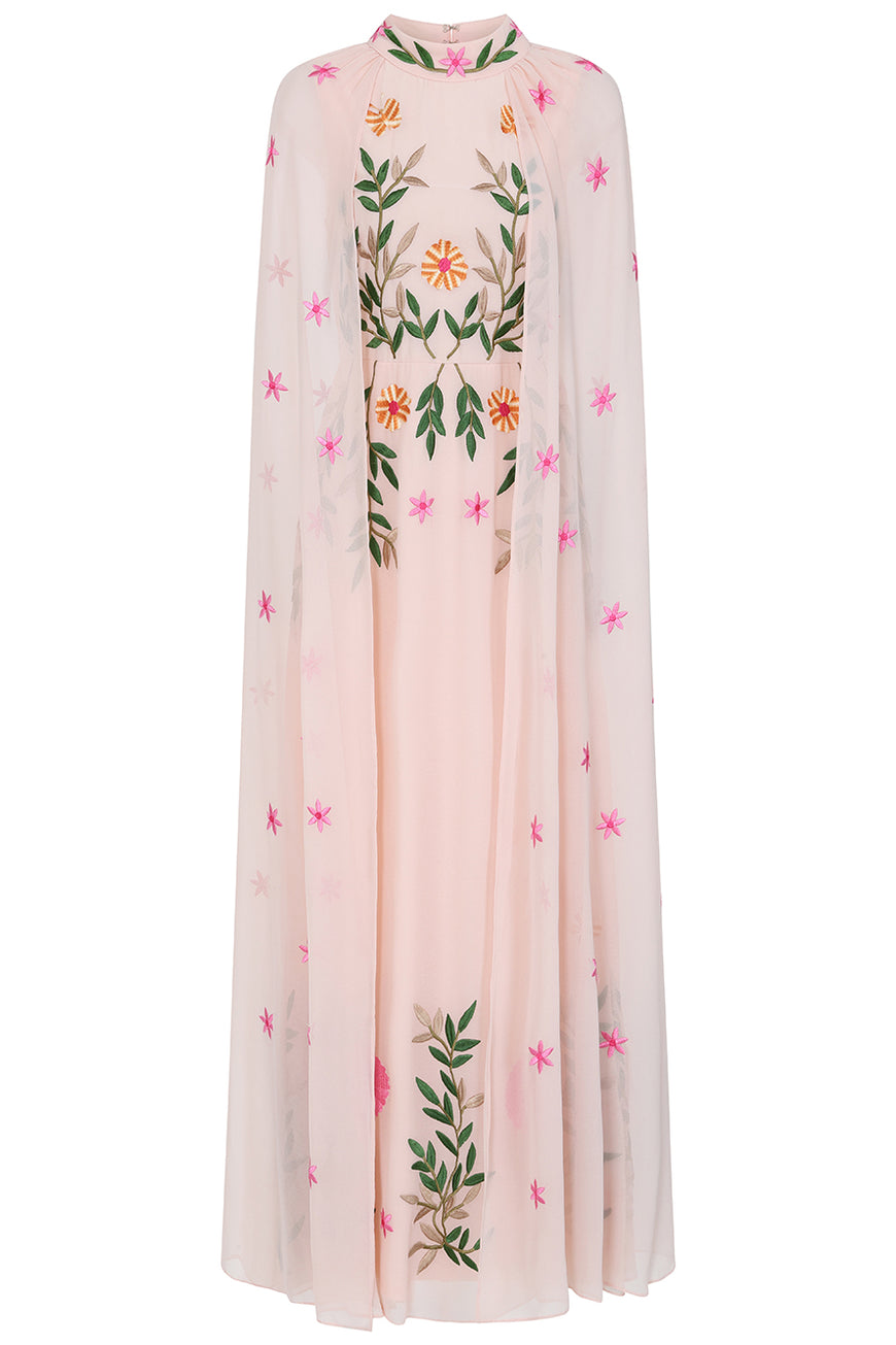 white and pink embroidered dress Floral Print Linen Midi Dress – self-portrait-US main image 1