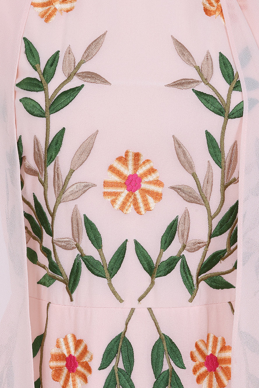 Ingrid Blush Floral Embroidered Cape Sleeve Maxi Dress – Frock and Frill