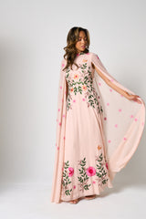 Ingrid Blush Floral Embroidered Cape Sleeve Maxi Dress