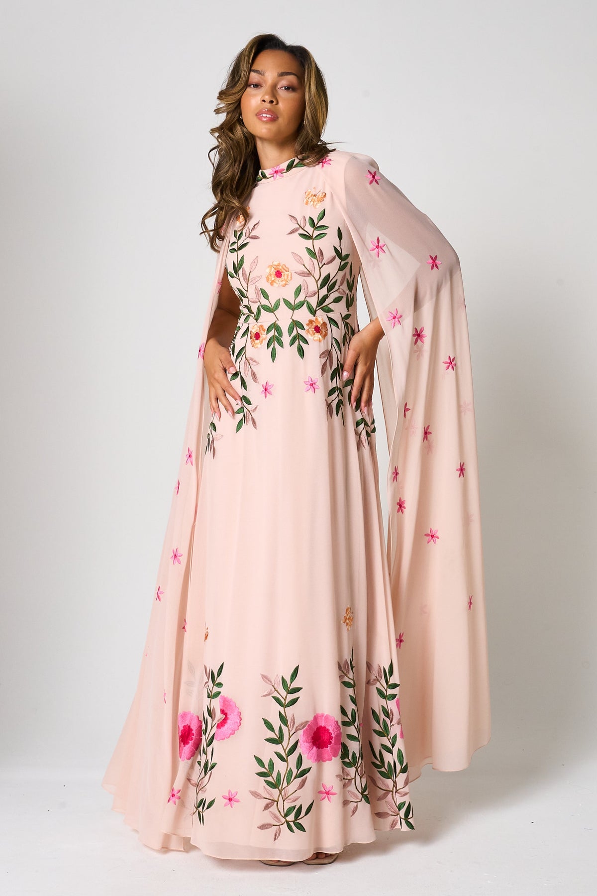 Ingrid Blush Floral Embroidered Cape Sleeve Maxi Dress