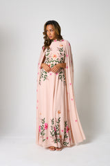 Ingrid Blush Floral Embroidered Cape Sleeve Maxi Dress