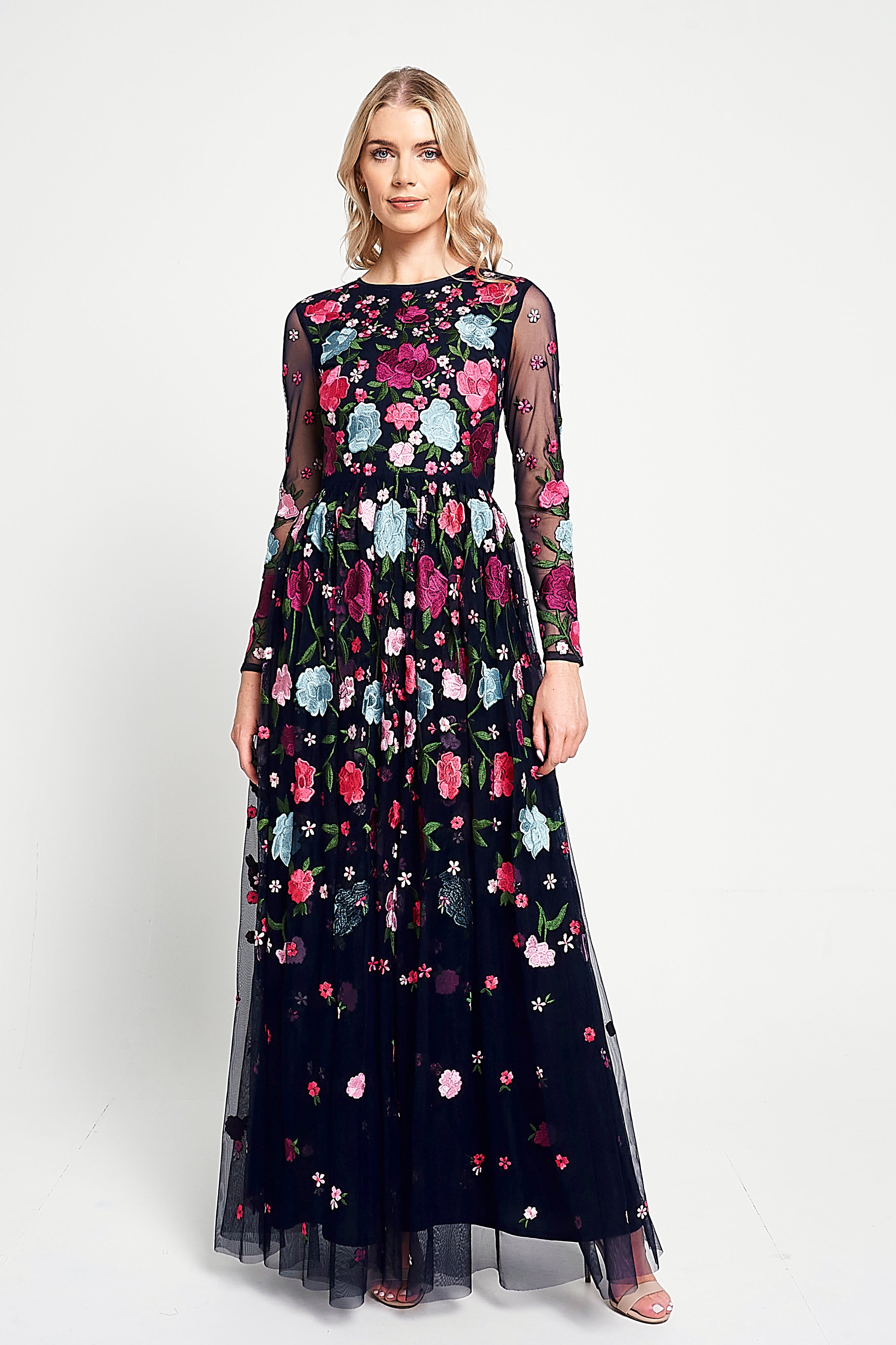 Iris Navy Floral Embroidered Maxi Dress