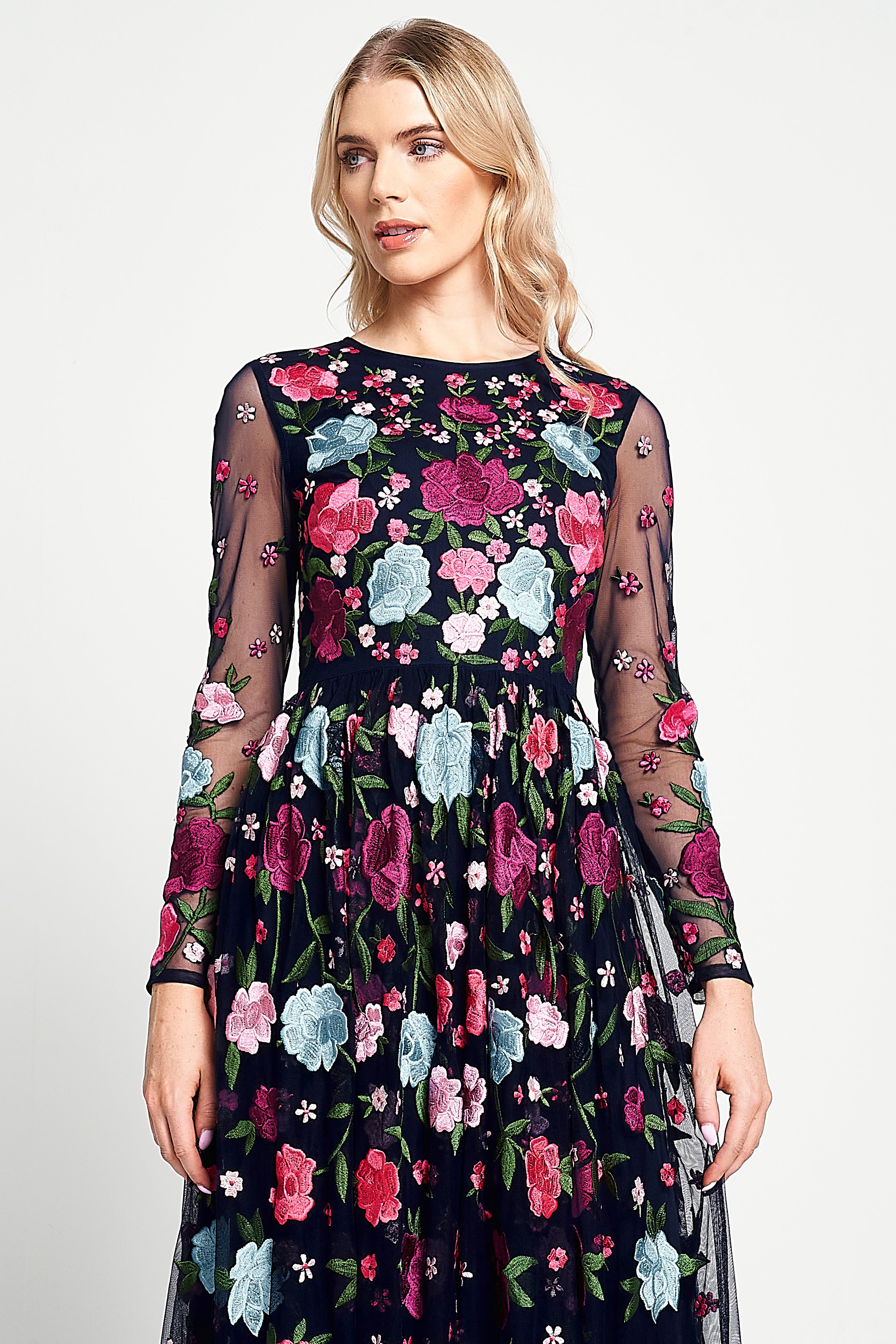 Iris Navy Floral Embroidered Maxi Dress