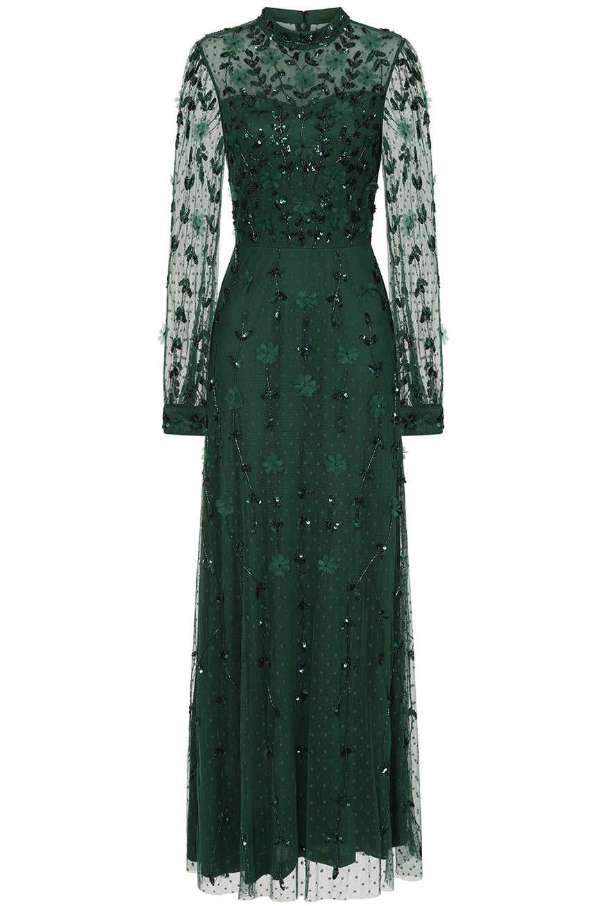 green emerald velvet dress Delilah Green Floral Embroidered Tiered Maxi Dress – Frock and Frill