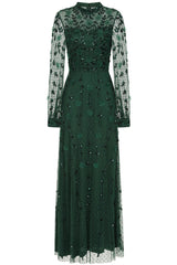 Isadora rainforest green embellished maxi dress with appliqué florals and sheer long sleeves