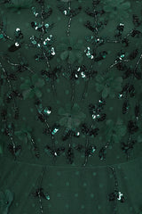 Isadora rainforest green embellished maxi dress with appliqué florals and sheer long sleeves