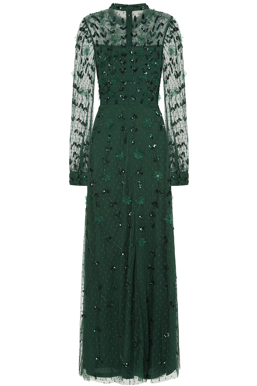 Isadora rainforest green embellished maxi dress with appliqué florals and sheer long sleeves