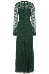 Isadora rainforest green embellished maxi dress with appliqué florals and sheer long sleeves