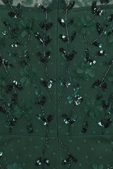Isadora rainforest green embellished maxi dress with appliqué florals and sheer long sleeves