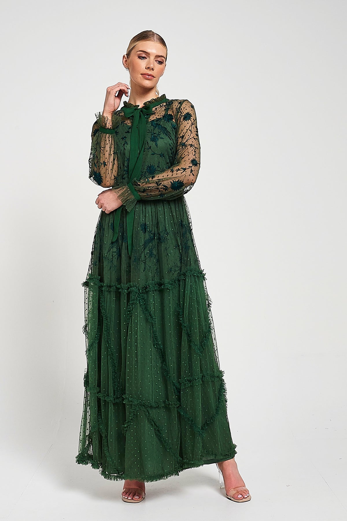 Ivy Green Floral Embroidered Maxi Dress