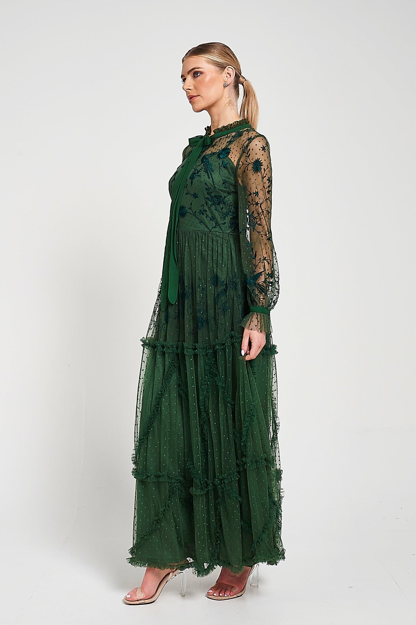 Ivy Green Floral Embroidered Maxi Dress