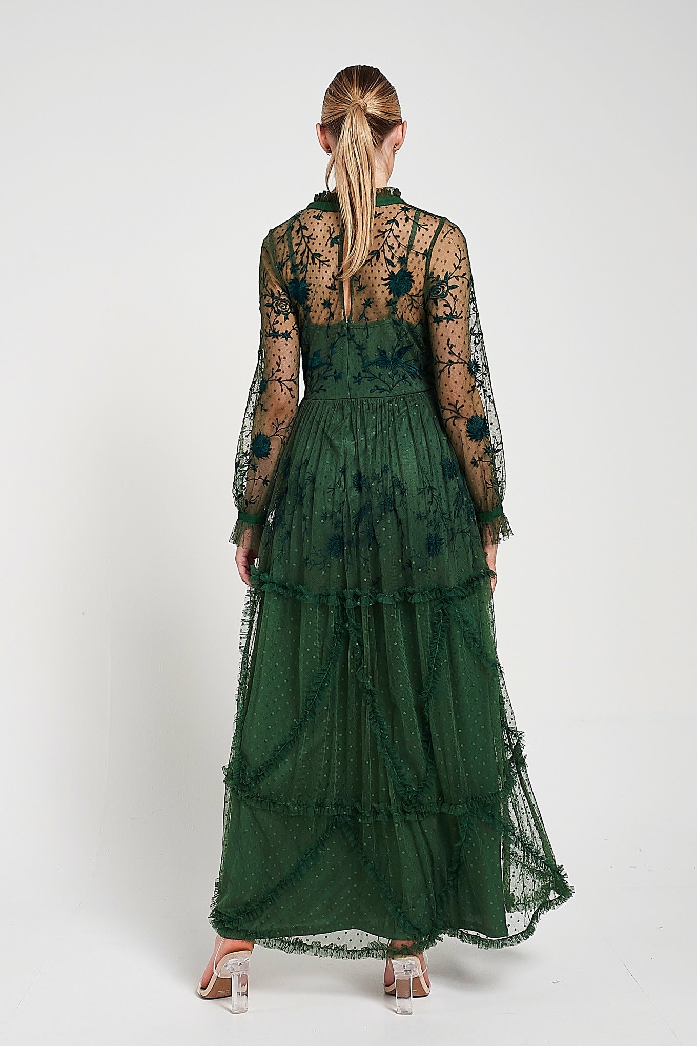 green floral embroidered dress Ins lace cut-out midi in sheer flutter sleeves Green Flowers Embroidered Tulle Midi