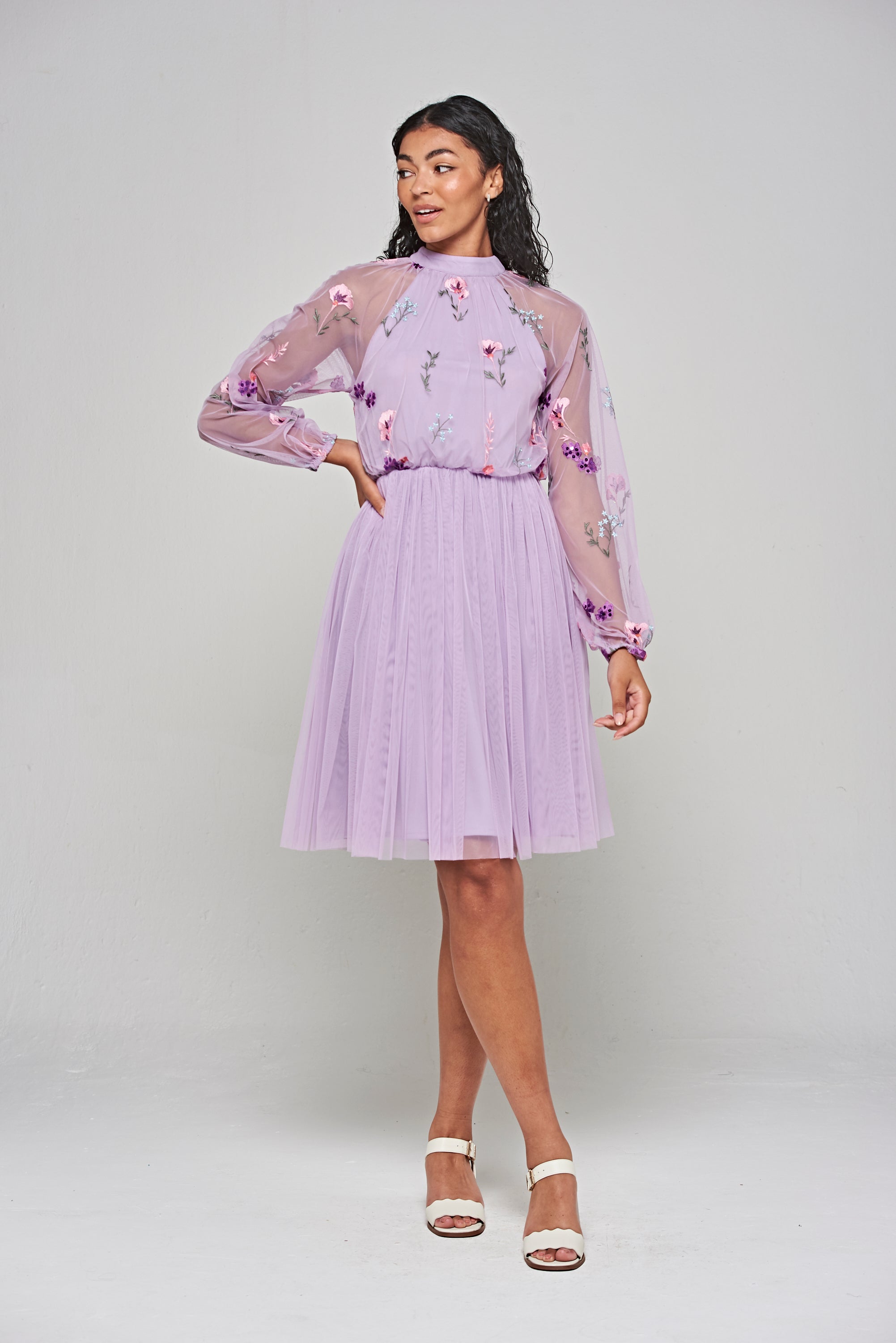 Jacinta Lilac Floral Embroidered Skater Dress