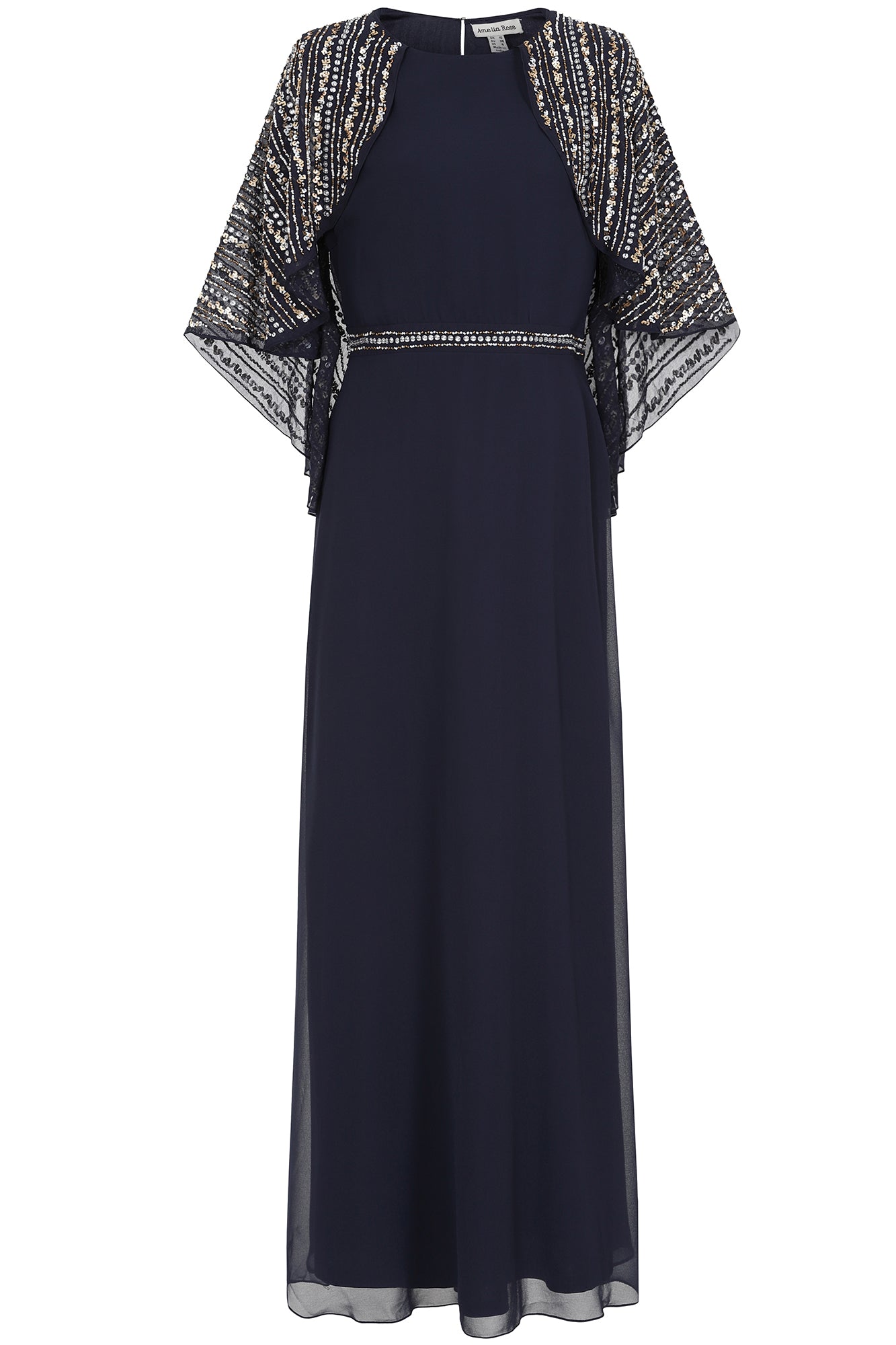 Jacqueline Navy Embellished Cape Sleeve Maxi Dress – Frock and Frill