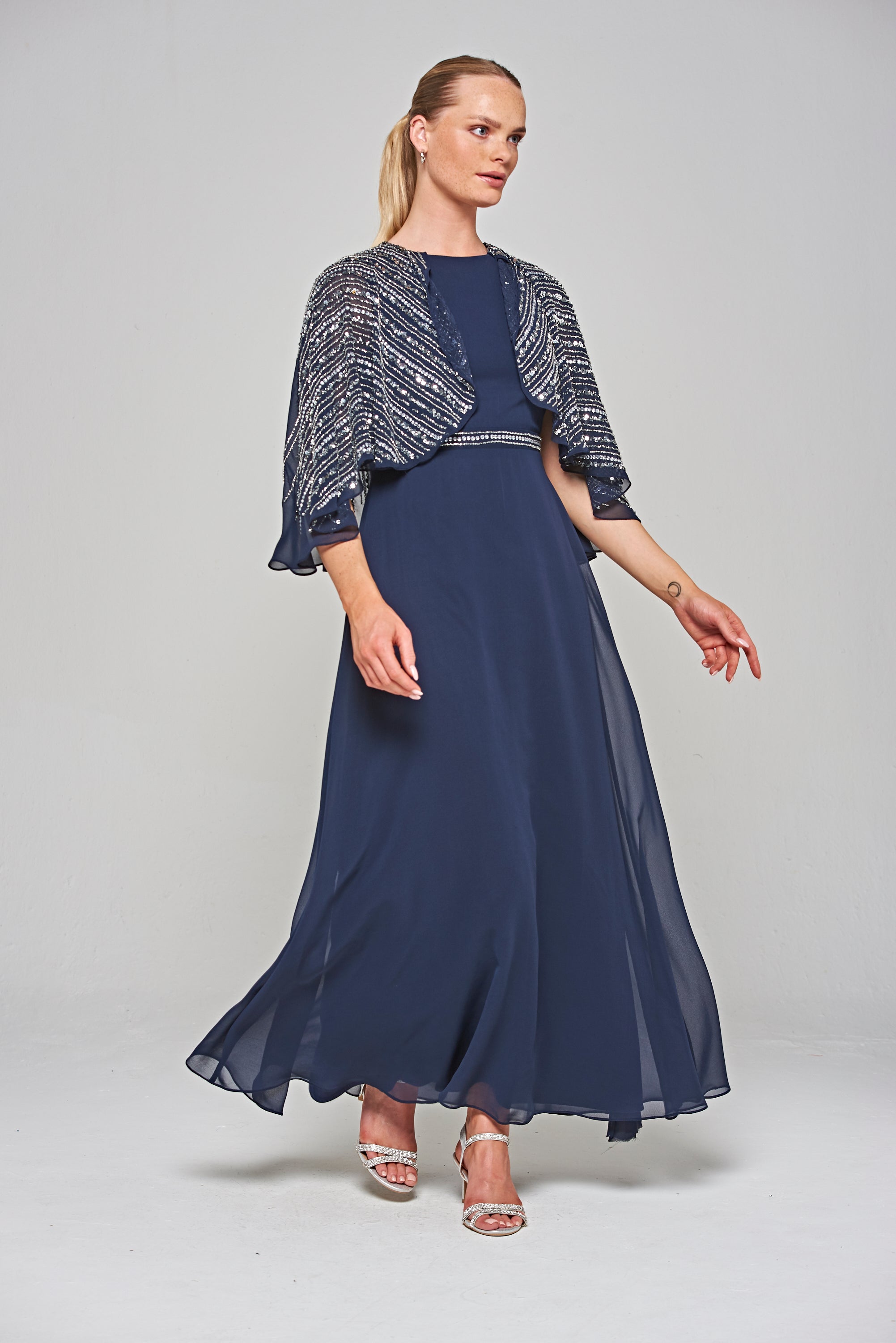 Jacqueline Navy Embellished Cape Sleeve Maxi Dress – Frock and Frill