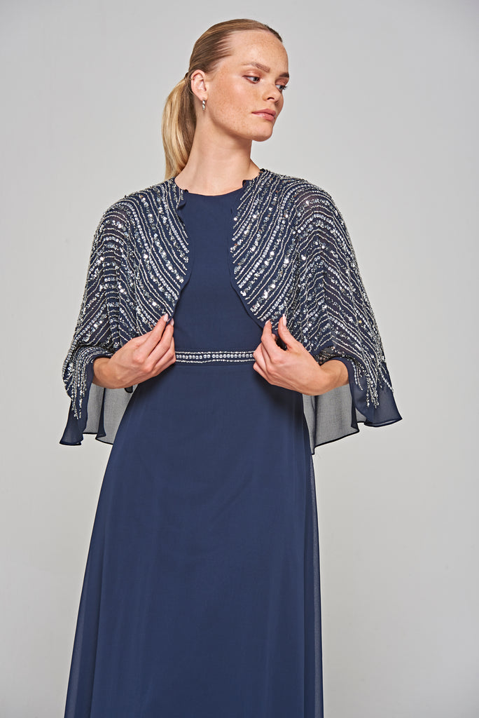 Jacqueline Navy Embellished Cape Sleeve Maxi Dress – Frock and Frill