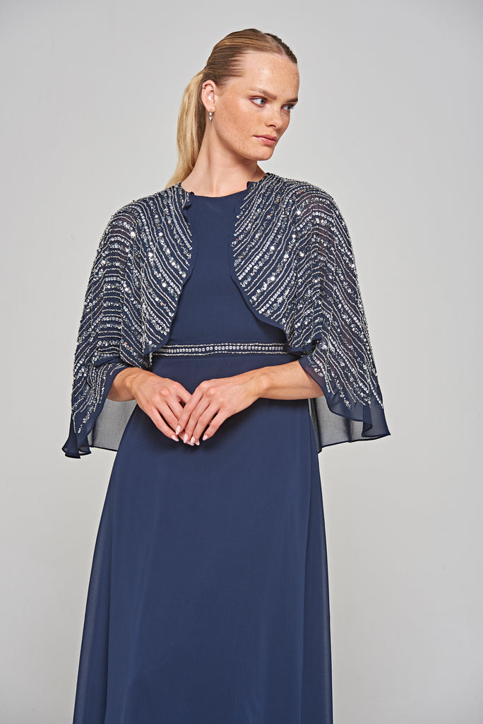 Jacqueline Navy Embellished Cape Sleeve Maxi Dress – Frock and Frill