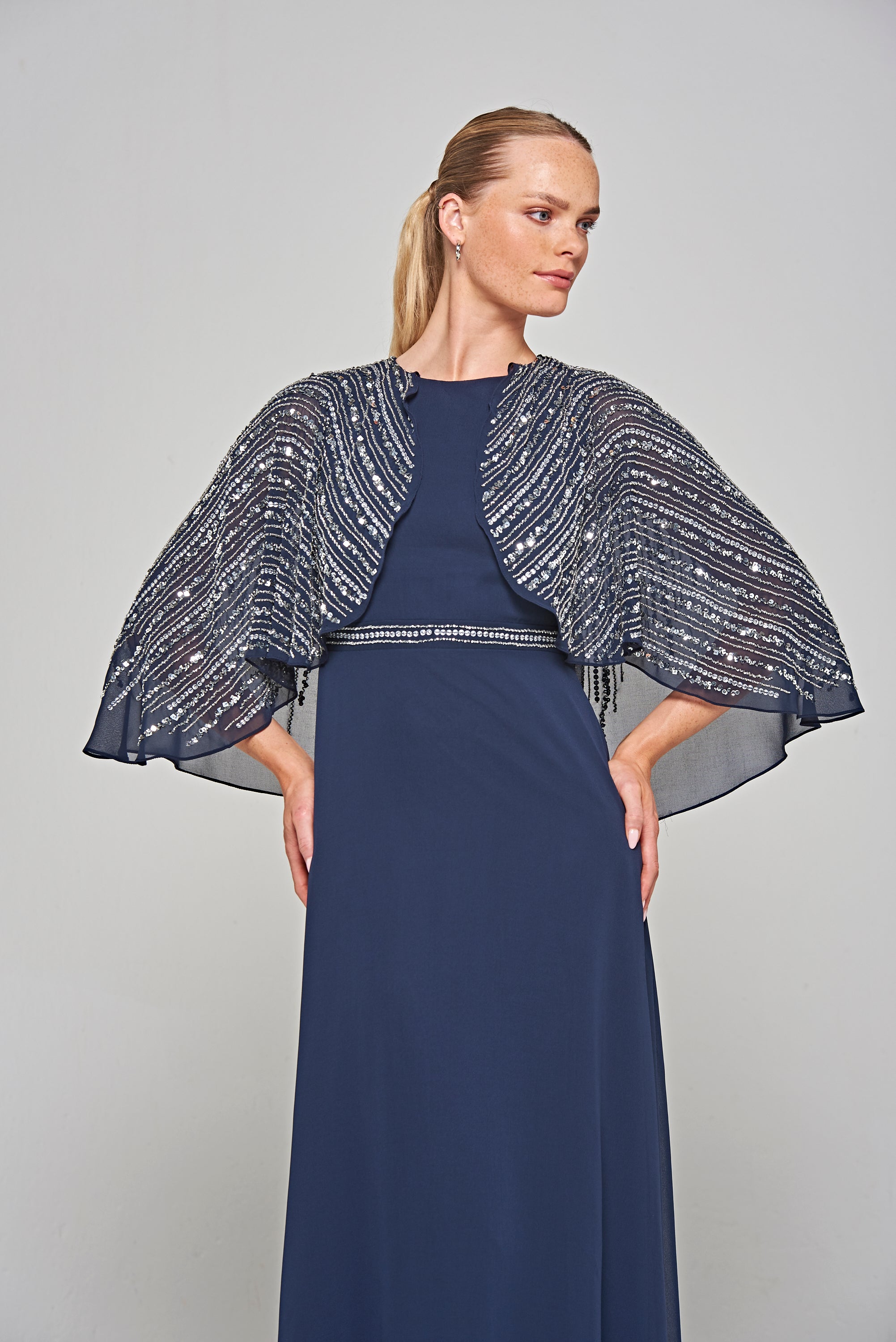 Jacqueline Navy Embellished Cape Sleeve Maxi Dress – Frock and Frill
