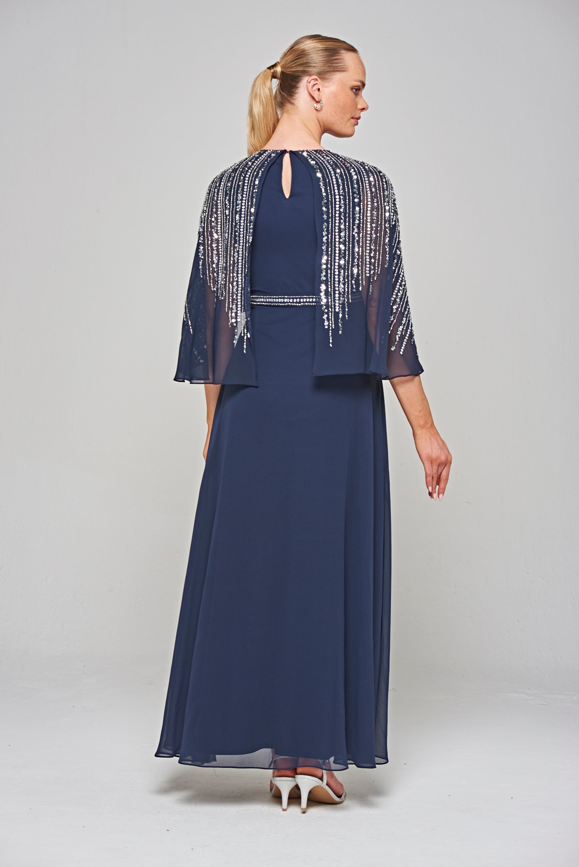 Jacqueline Embellished Cape Sleeve Maxi Dress - Navy