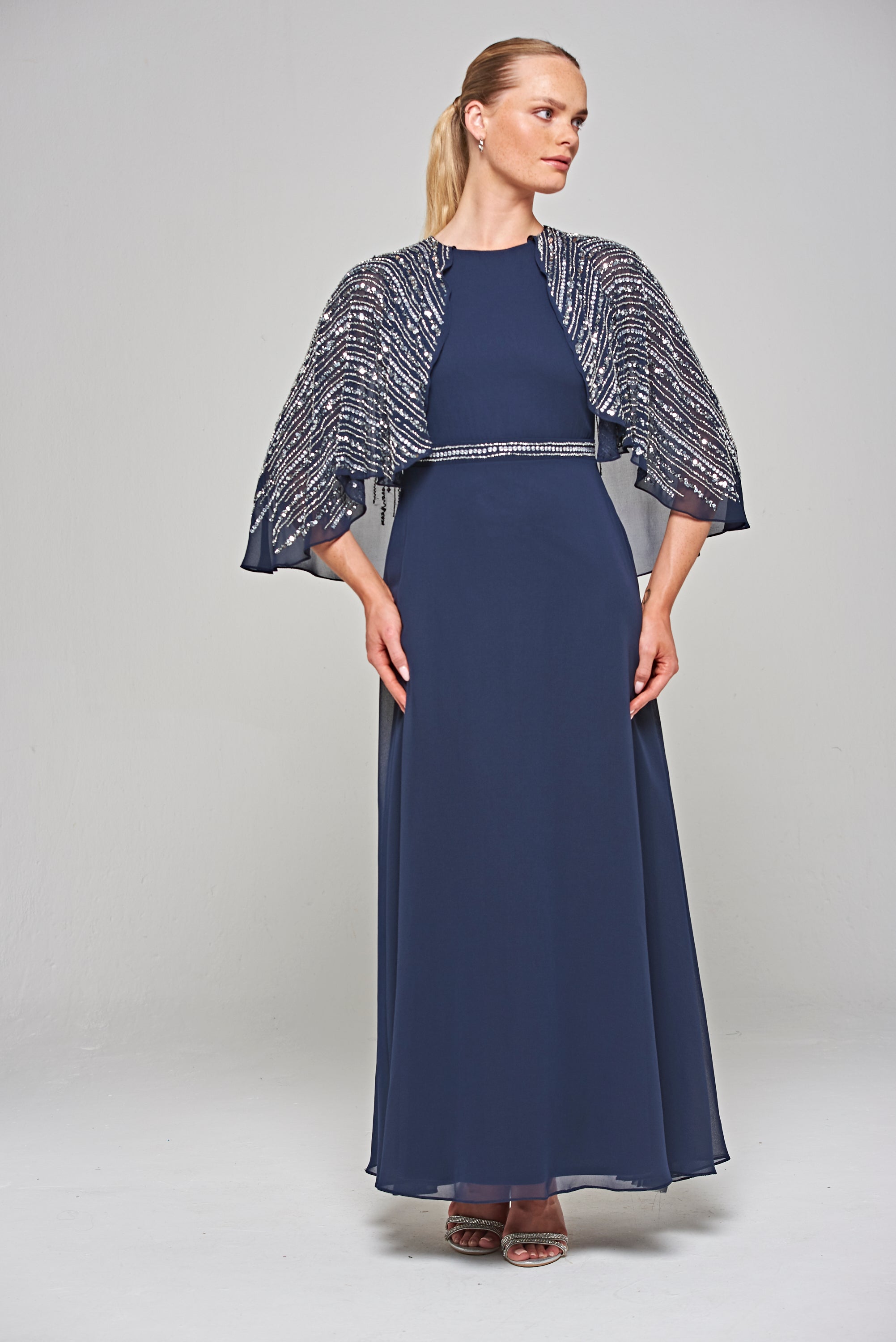 Jacqueline Embellished Cape Sleeve Maxi Dress - Navy