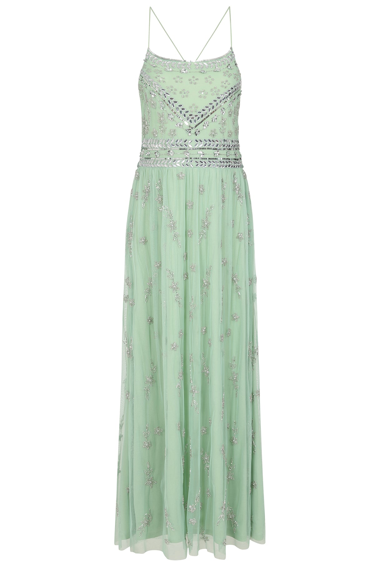 Jae Green Strappy Back Maxi Dress with Floral Embellishment Frock and Frill Jae Green Strappy Back Maxi Dress with Floral Embellishment Frock and Frill