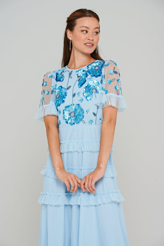 Jaylah Blue Floral Embellished Maxi Dress